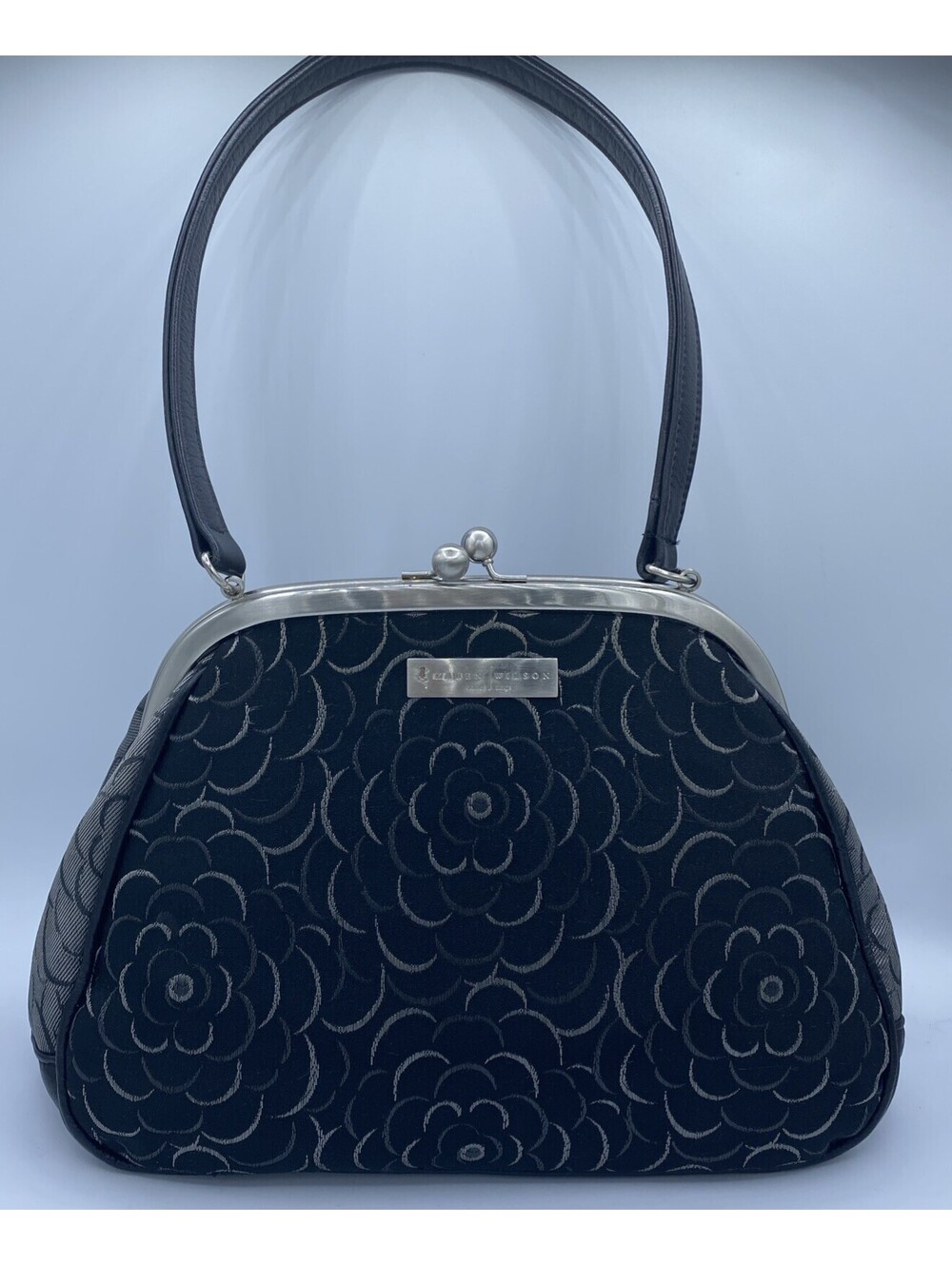 KAREN WILSON Unique Fabric/Leather Framed Floral Abstract Hand Purse Bag